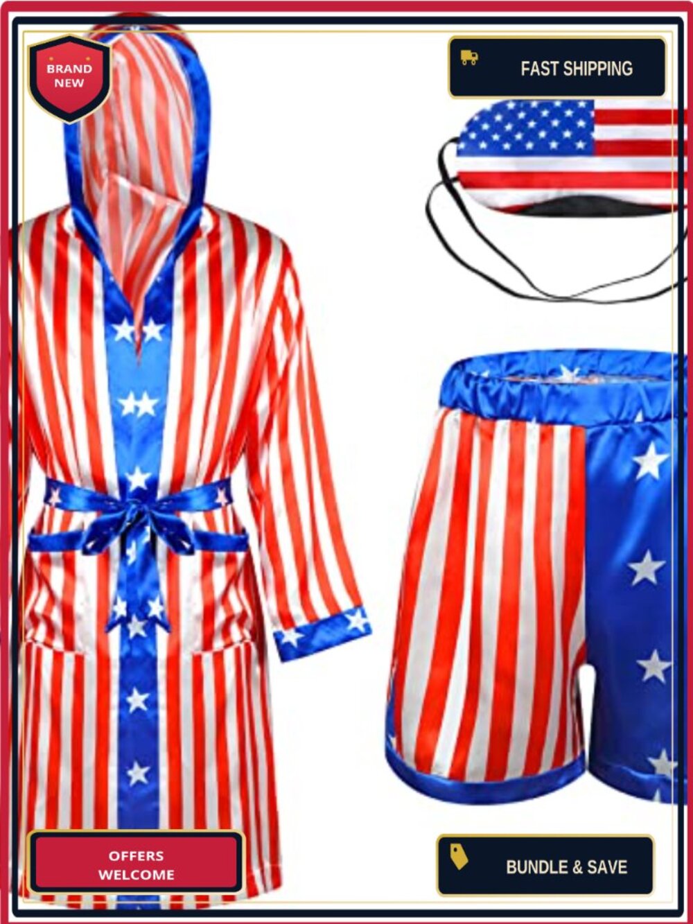 Satin American Flag Boxing Costume Robe Shorts Eye Mask 3 Pc Set